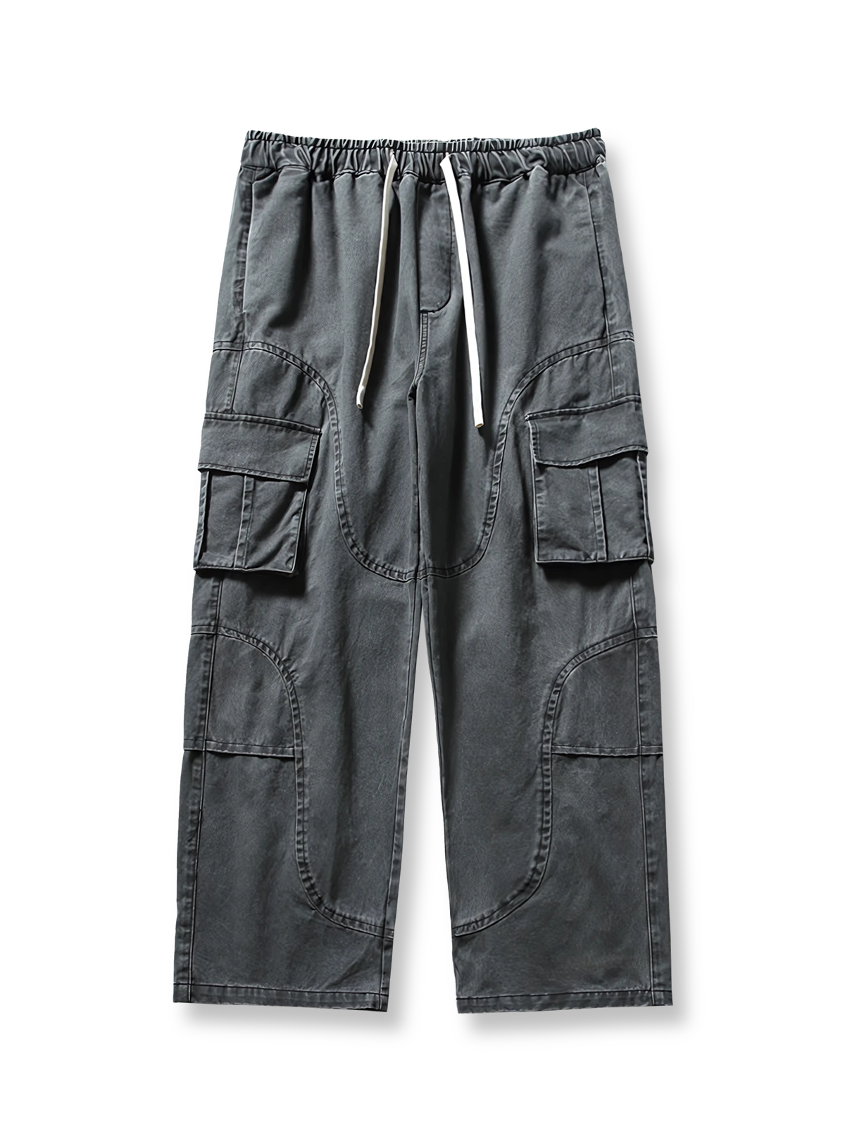 ウォッシュドヴィンテージマルチポケットワークパンツの全体正面画像、多機能ポケットとウエストドローストリングのディテール。