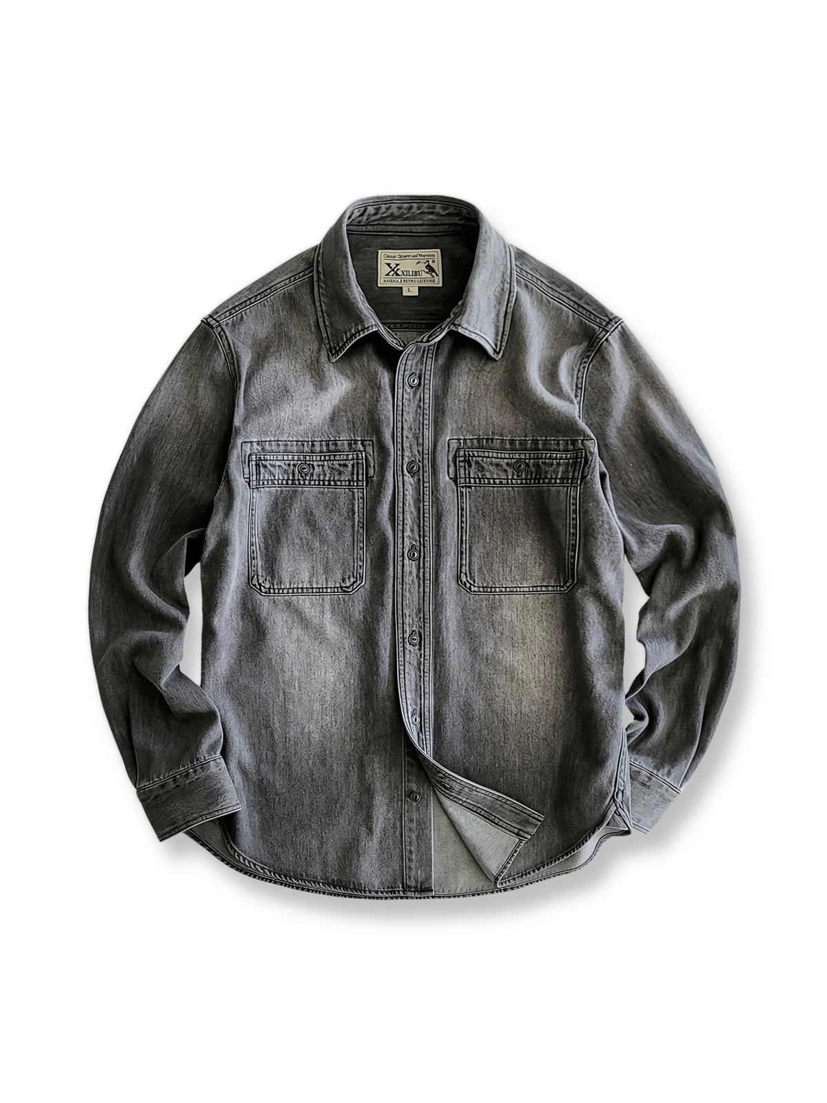 ウォッシュドホワイト加工のコットン×ビスコースデニムとメタルアイレットボタン、両胸ワークポケットが特徴の長袖シャツの全体像。