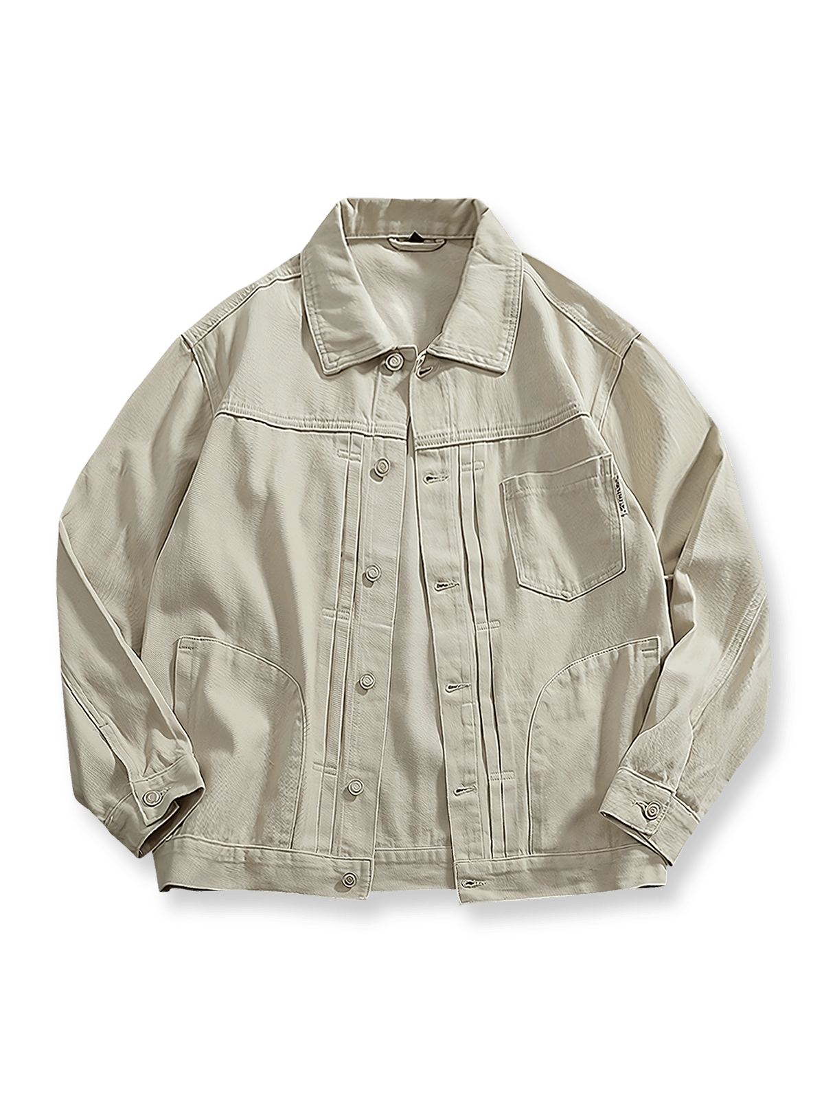 ウォッシュドホワイトの色合いと多ポケットデザインが特徴の100%コットンワークジャケットの全体像。