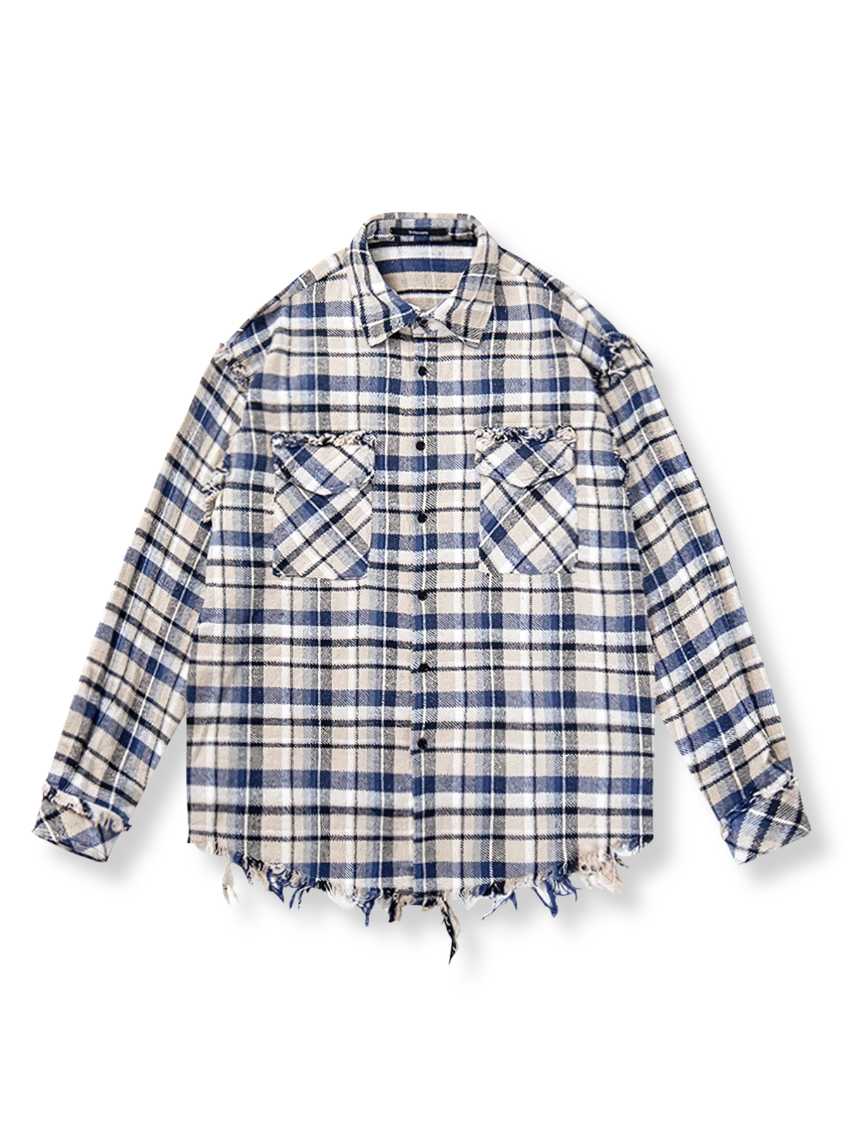 Y2Kテイストのウォッシュドチェックシャツ、裾にダメージ加工を施したデザイン