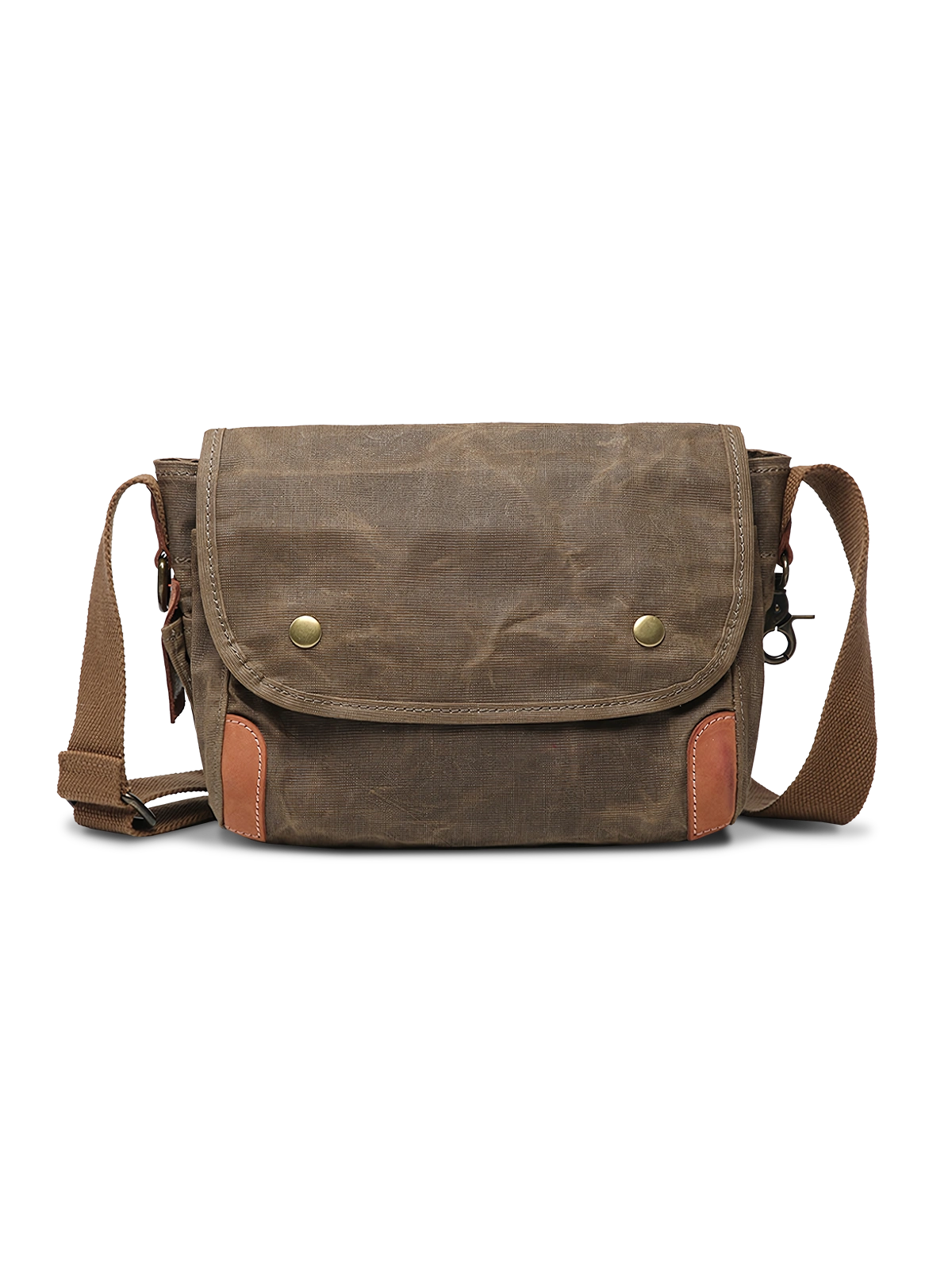 オイルワックス加工帆布素材使用、軽防水機能付きカーキ色レトロメッセンジャーバッグ