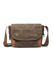 オイルワックス加工帆布素材使用、軽防水機能付きカーキ色レトロメッセンジャーバッグ
