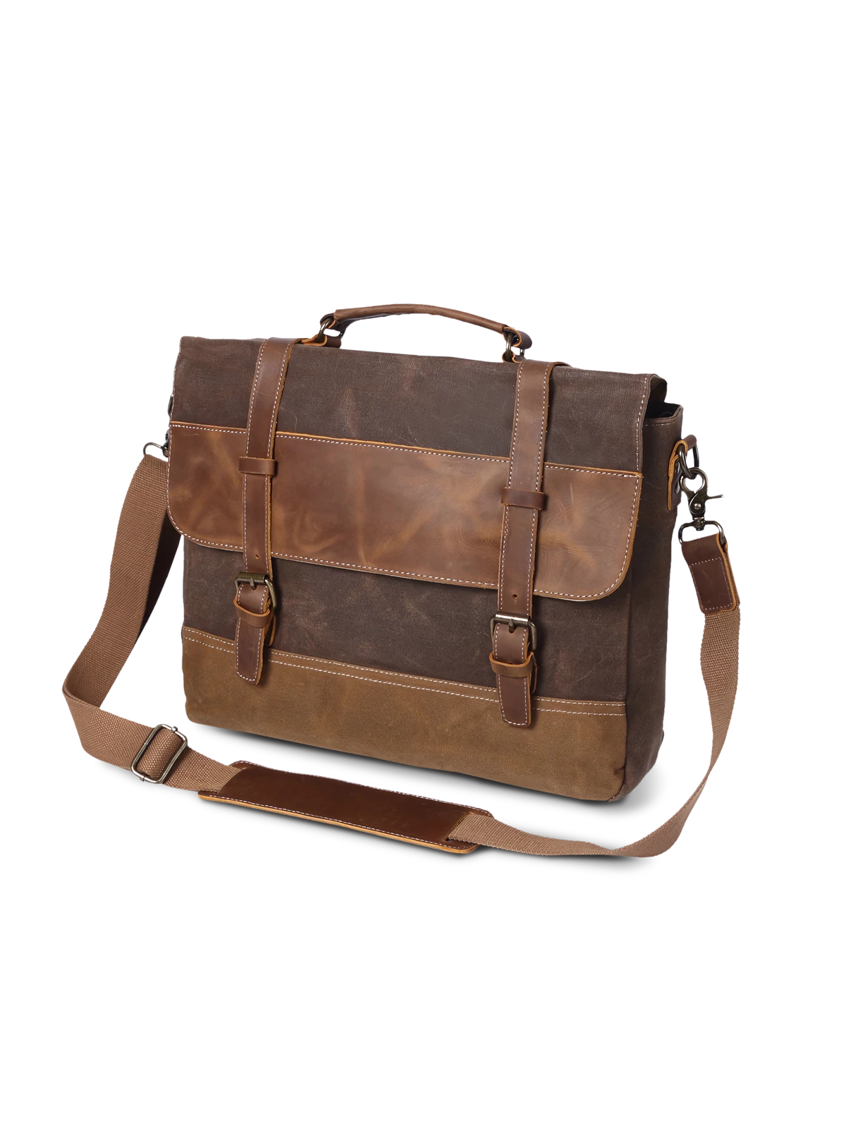 オイルワックスキャンバスと頭層牛革を組み合わせた防水ビジネスブリーフケースの全体像。