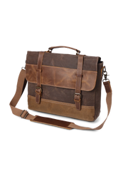 オイルワックスキャンバスと頭層牛革を組み合わせた防水ビジネスブリーフケースの全体像。