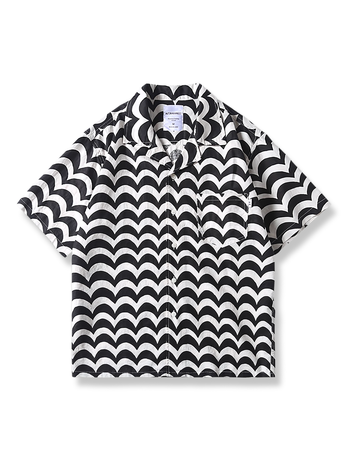 黒白の波状パターンが映えるリネン素材のキューバカラ―半袖シャツ