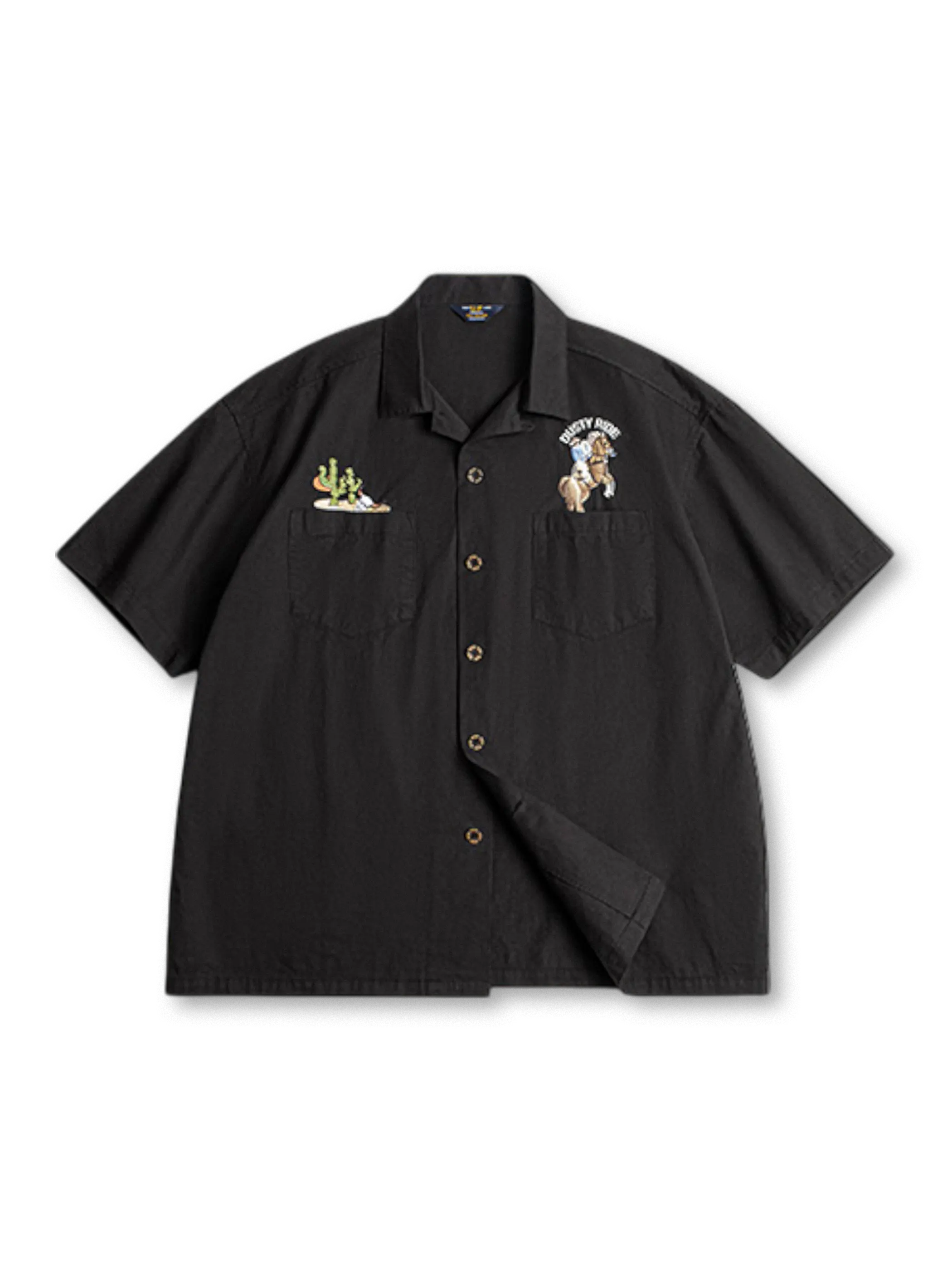 カウボーイとサボテンの刺繍が特徴のヴィンテージ感あふれるオーバーサイズオープンカラーシャツ