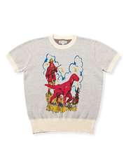 カウボーイと猟犬のジャカード柄が特徴の厚手ニットTシャツ、通気性と吸汗性に優れた32番手コットン糸使用