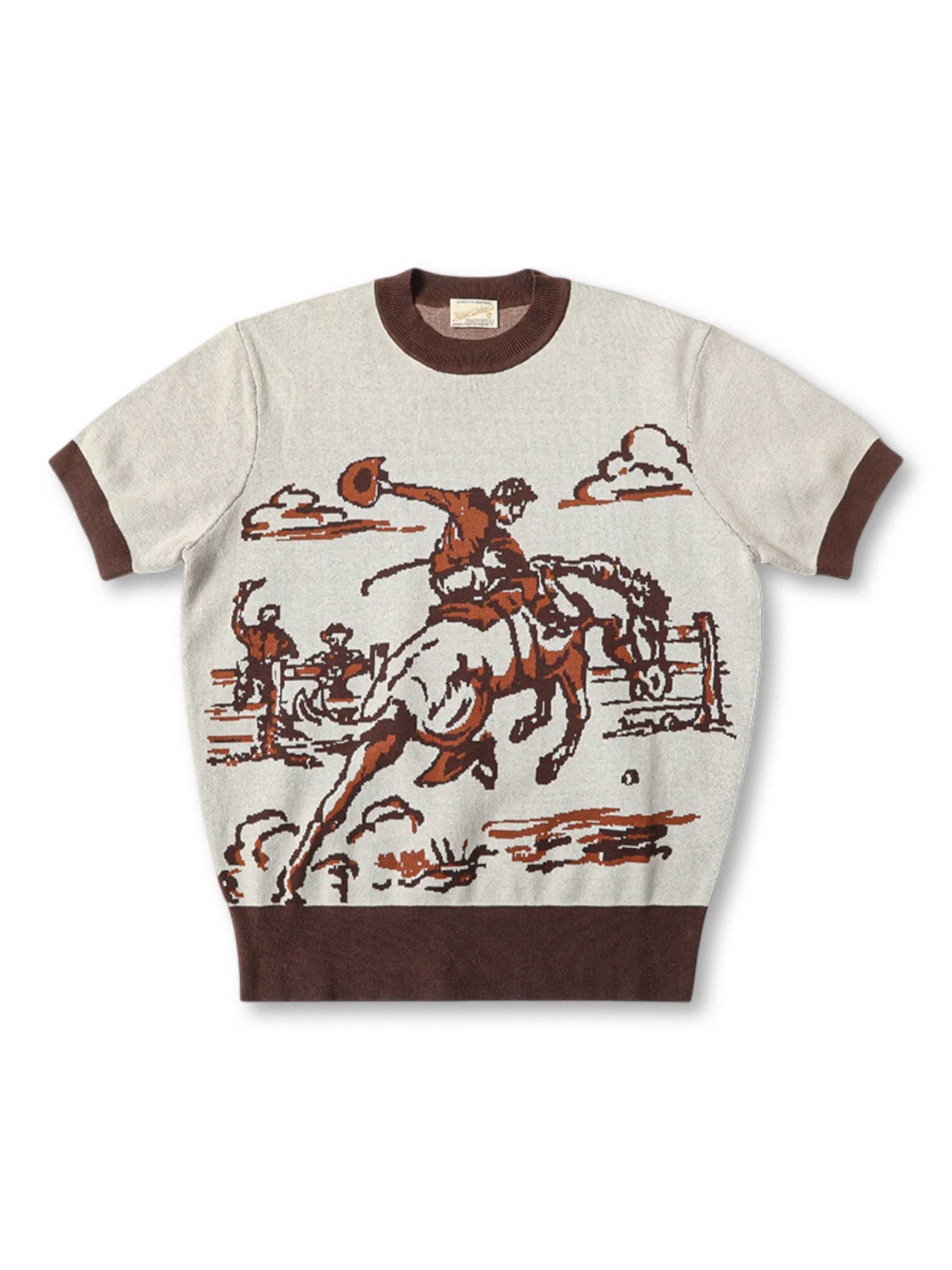 1930年代西部ライディング柄の三色ジャカード編みを施した耐久性高いニットTシャツ