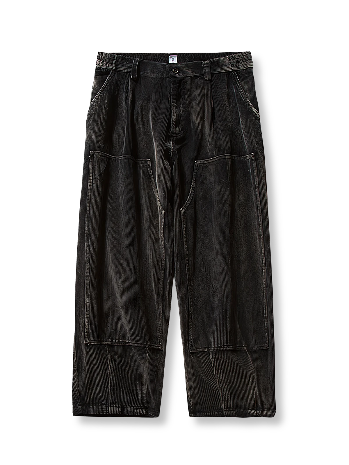 ワイドコーデュロイワークパンツの全体正面画像、ニーパネル立体構造とダブルステッチバックポケットのディテール。