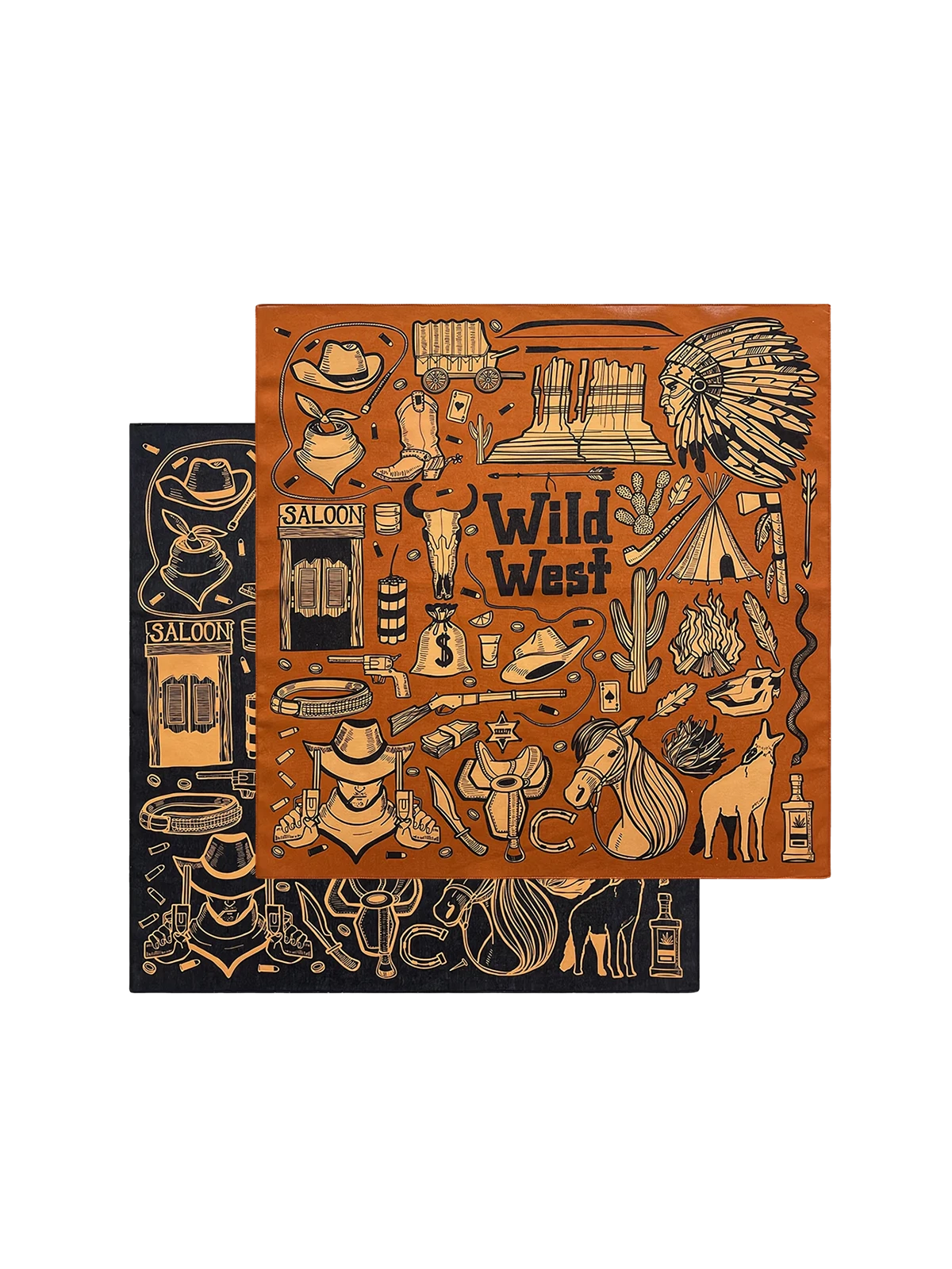 サルーンやインディアン、野生馬が描かれた西部開拓時代風の風景柄スカーフ。