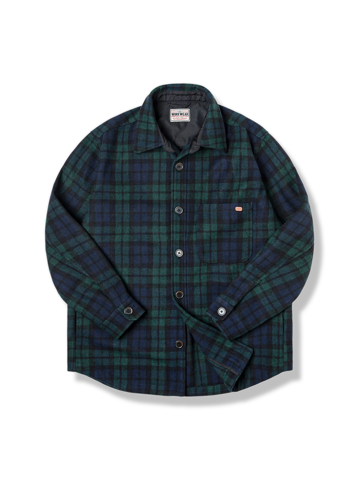 ウール混ブルーグリーンチェックシャツの全体と生地の質感を写した写真