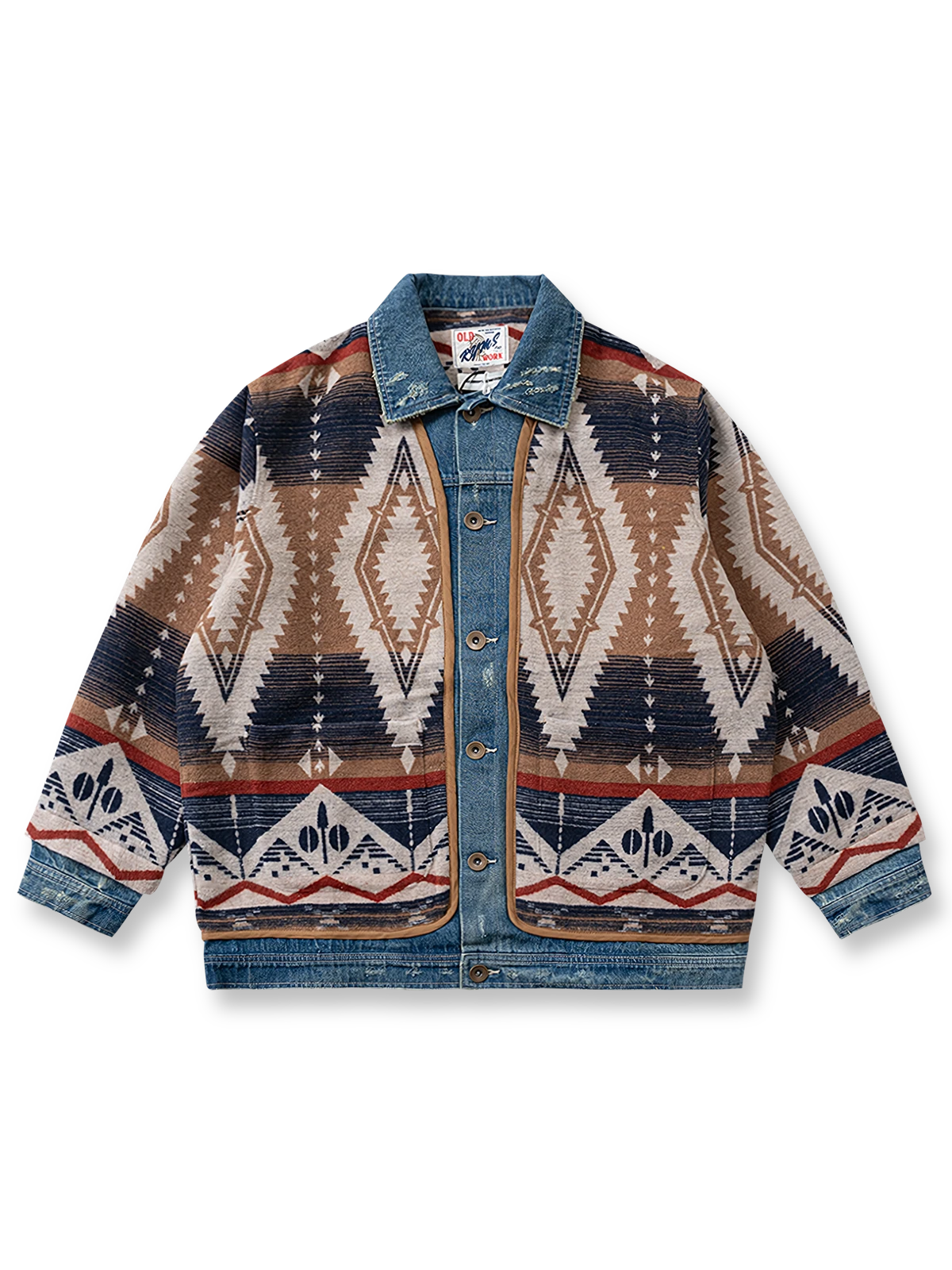 ウール混とデニムが融合したパッチワークデザインのジャケット