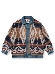 ウール混とデニムが融合したパッチワークデザインのジャケット