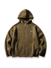 ウール混紡ニット生地を使用したフード付きカーディガンジャケット。