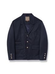 オーストラリア産メリノウール混紡ツイードと真鍮ボタンが上品なネイビーブルーのリラックスフィットジャケット。