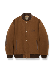 ウール混紡ツイードとレザー袖を組み合わせたネイビー×カーキのツイードベースボールジャケット。