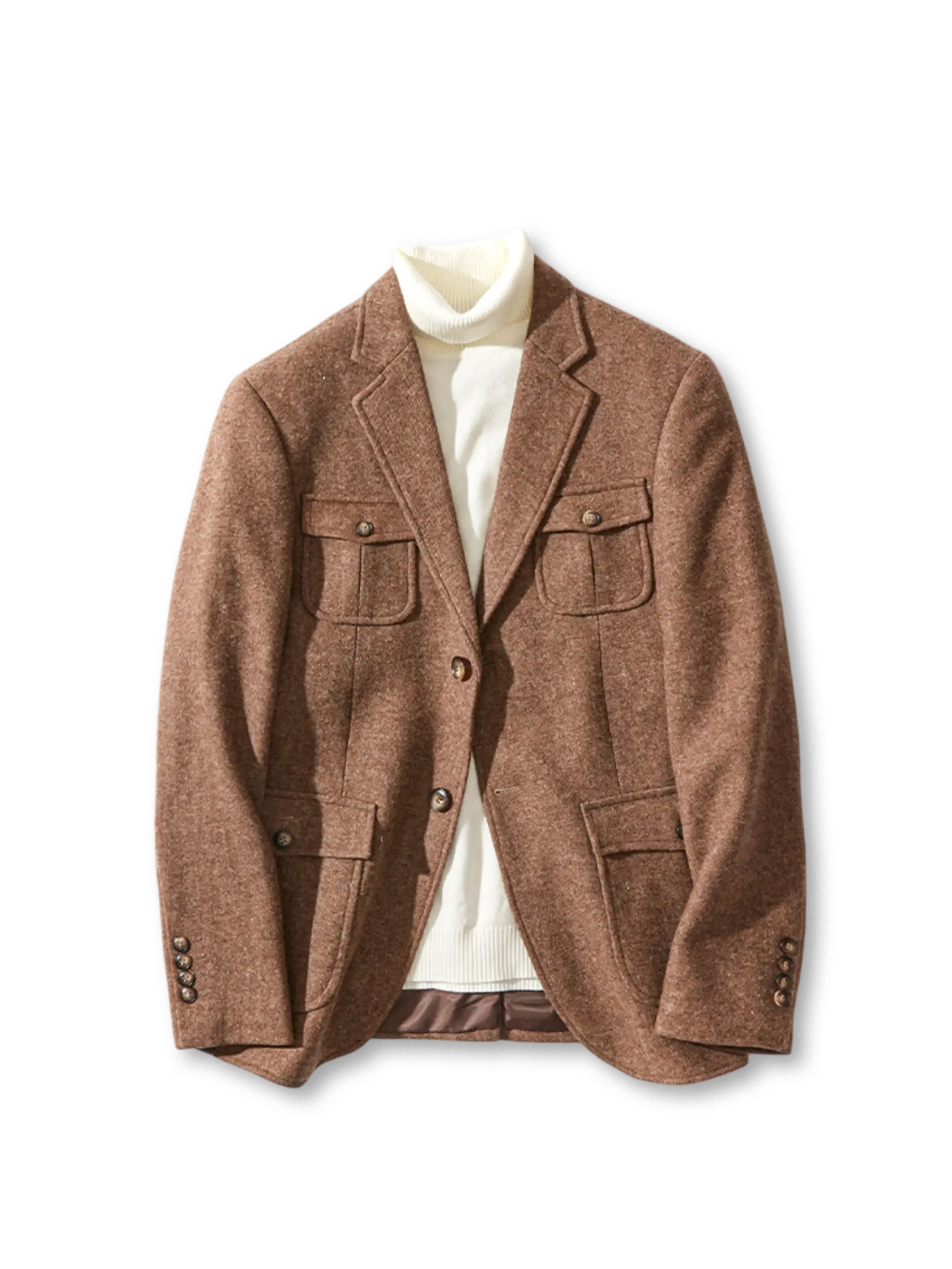 繊細なウール素材と英国風ポケットが特徴のハンドメイドハンティングブレザー。上品で多用途な一着。
