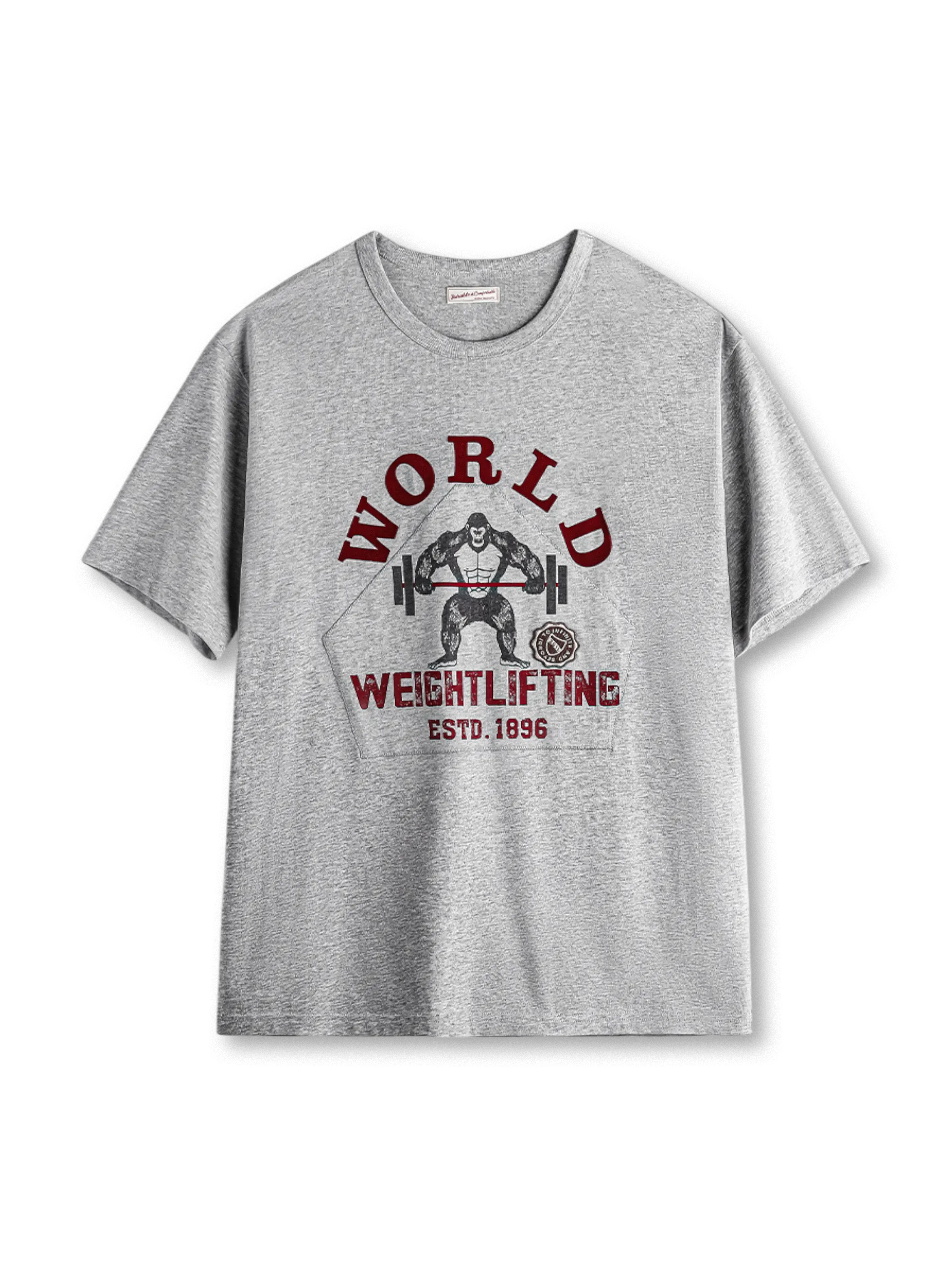 猿とバーベルのグラフィックが特徴のヴィンテージ風パワーリフティングプリントTシャツ