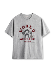 猿とバーベルのグラフィックが特徴のヴィンテージ風パワーリフティングプリントTシャツ