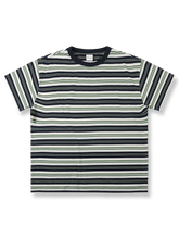 織り色バイカラーストライプ半袖Tシャツ。