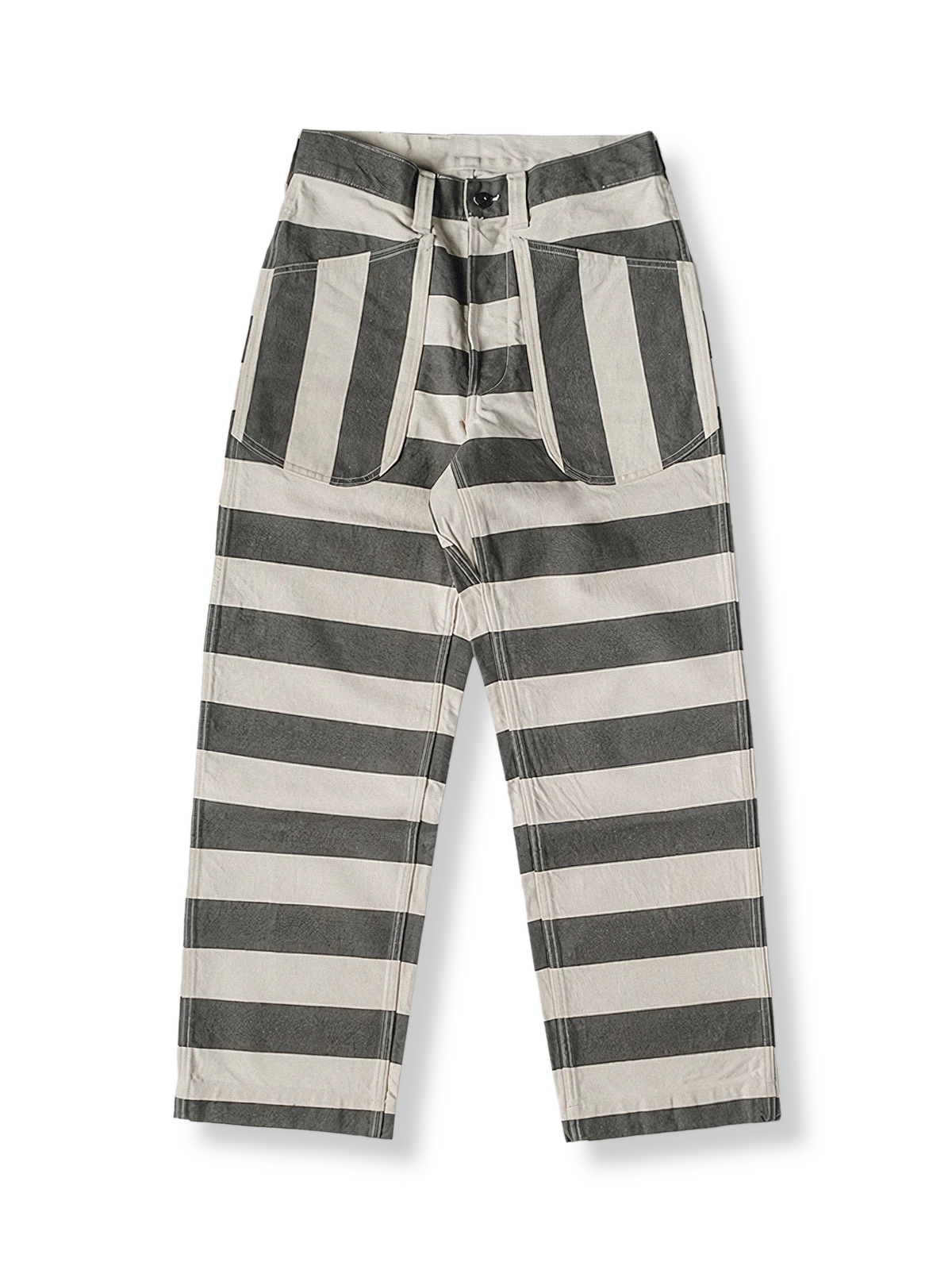 黒白ストライプの色織りモーターサイクルパンツ。