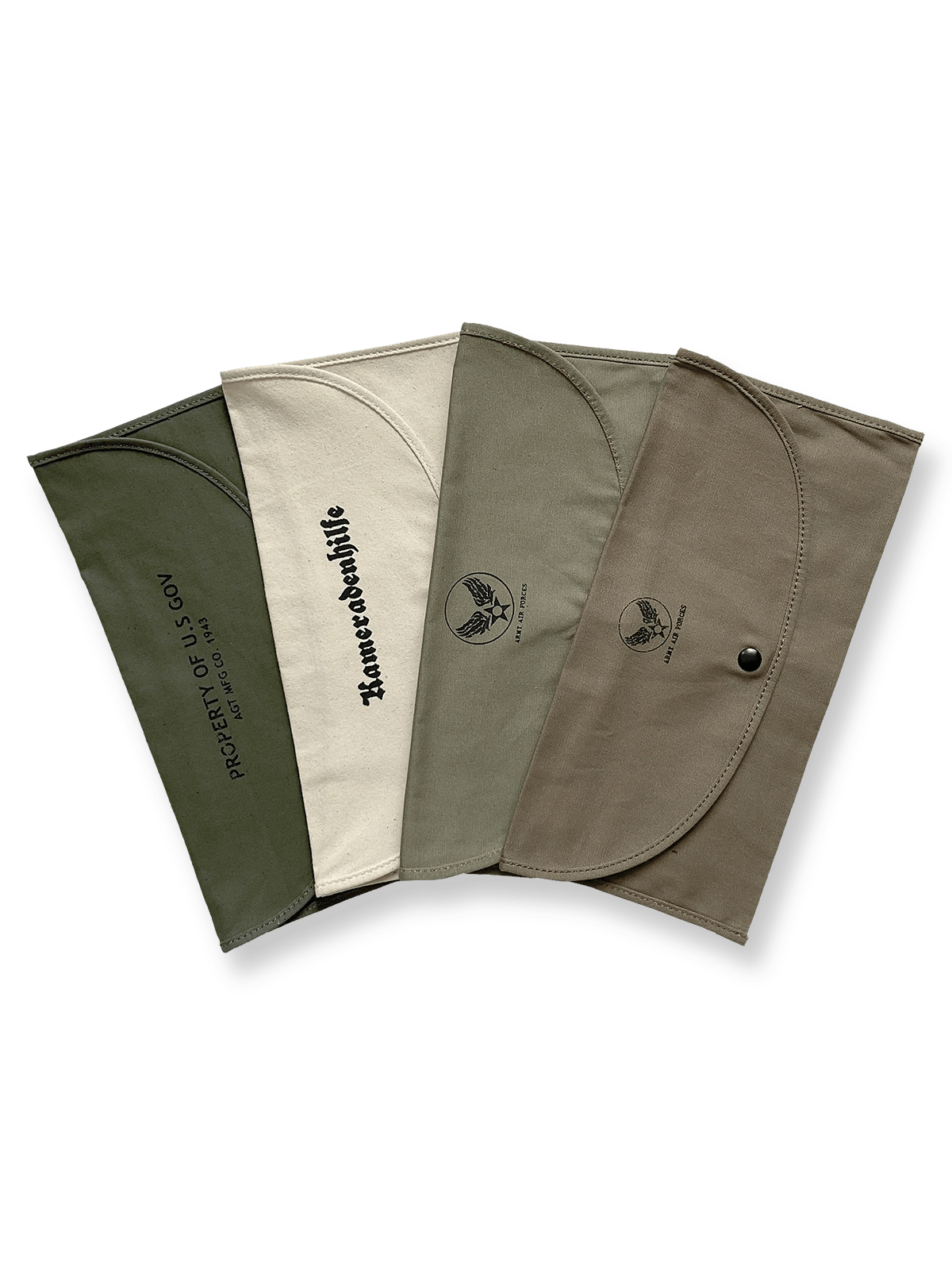 WWIIドイツ&アメリカ軍風デザインの100%キャンバス製手袋収納バッグ。カーキカラーのプリントと複数ポケットで実用性を高めたアイテム。