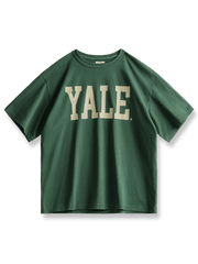 イェール大学ロゴの3D厚板プリントが施された純綿クルーネック半袖Tシャツ