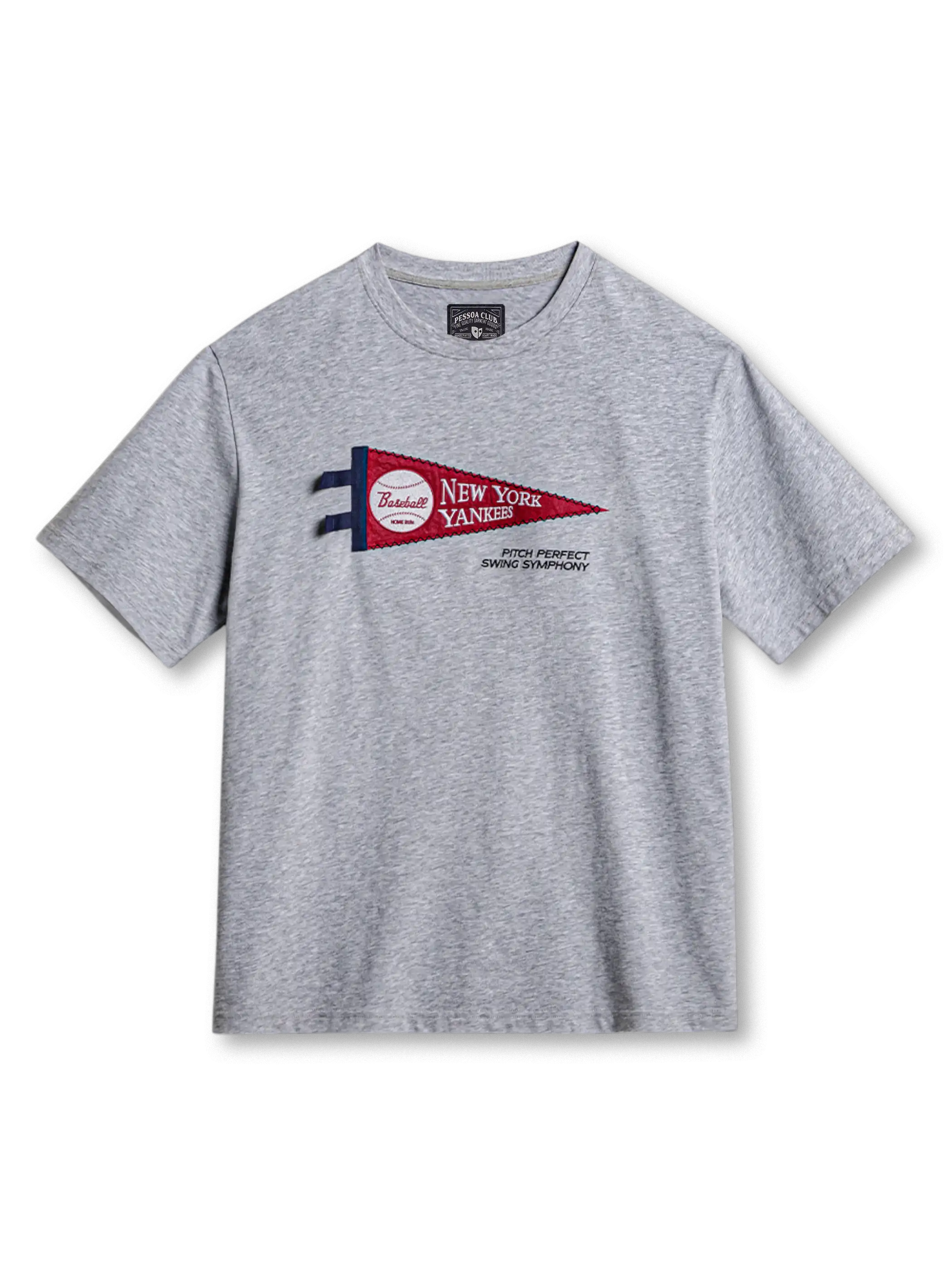 ヤンキースペナント刺繍が映える花灰色の厚手コットンTシャツ