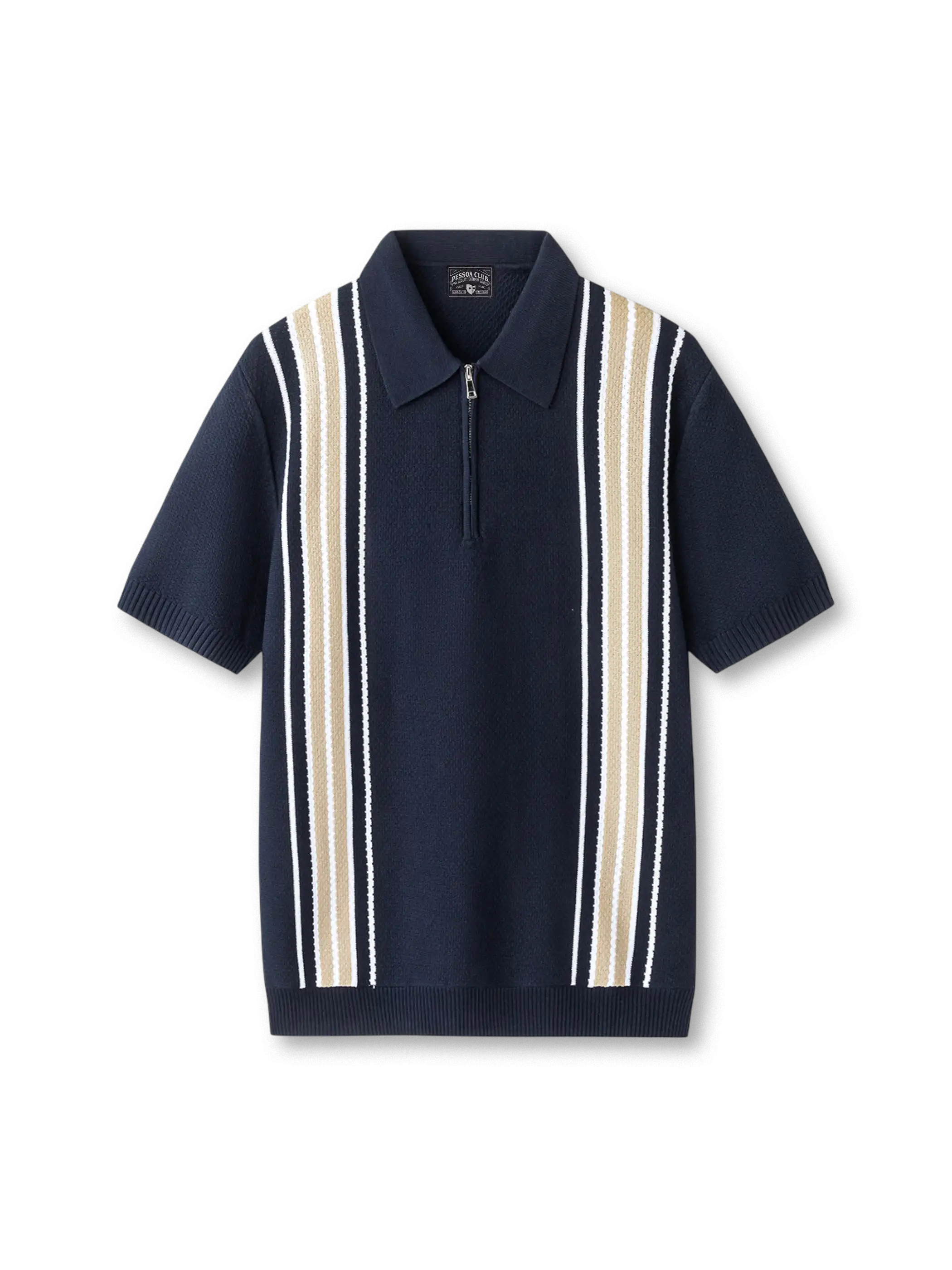 ジップフロントとマルチストライプが映えるニットポロシャツ
