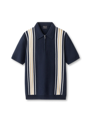 ジップフロントとマルチストライプが映えるニットポロシャツ