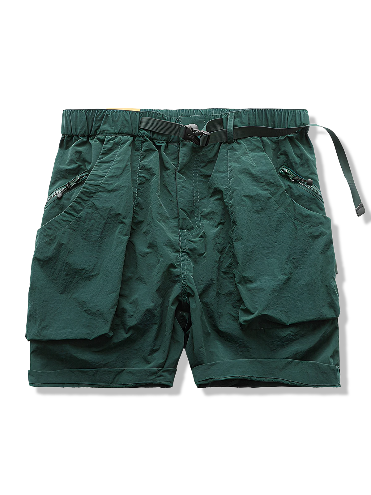 ジッパー付き大型ポケットショートパンツ、ストレートシルエット、調節ウエストバックル、軽量ポリエステル素材