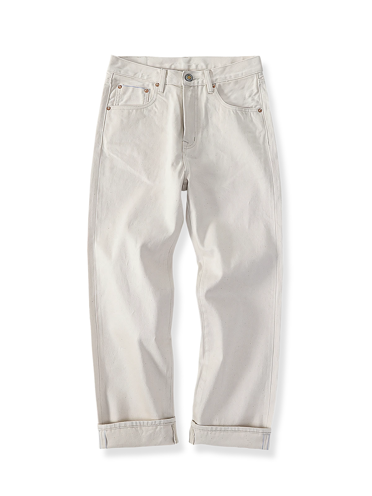 12オンス赤耳ホワイトデニムパンツの全体とセルビッチディテールを写した写真