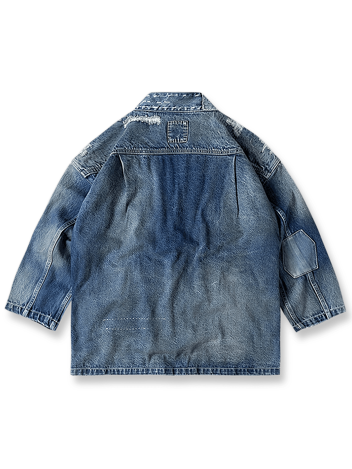 製品画像: 14.5OZ長綿赤耳の破れ加工ジャケットの全体画像。ヴィンテージ風のデザインが際立つジャケットのシルエットを示す。