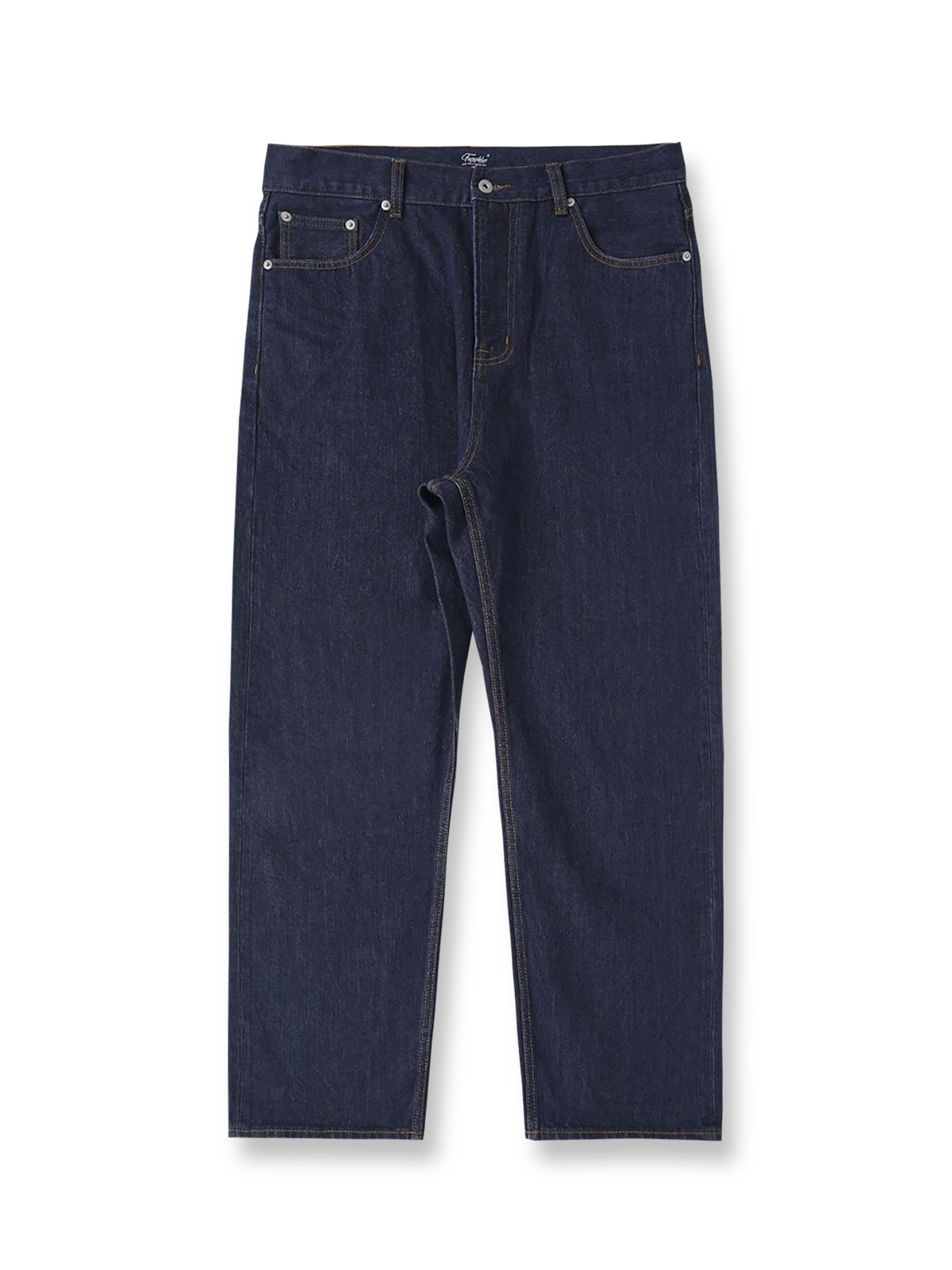14OZ赤耳インディゴ染めデニムパンツの全体正面画像、赤耳セルビッジとカスタムYKKジッパーのディテール。