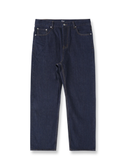 14OZ赤耳インディゴ染めデニムパンツの全体正面画像、赤耳セルビッジとカスタムYKKジッパーのディテール。