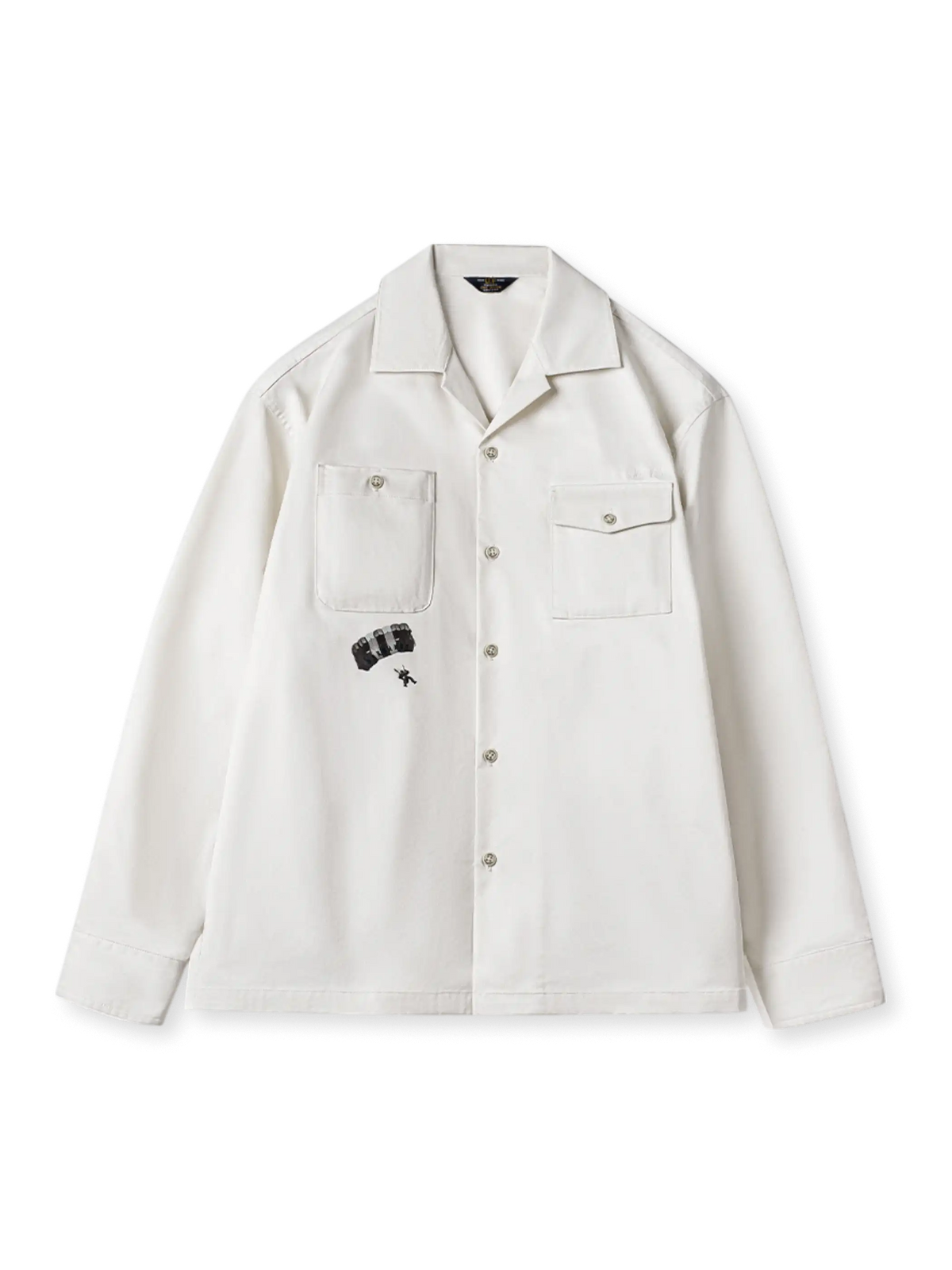 1944年D-Dayの米軍パラシュート部隊をバックプリントで表現した高密度コットンワークシャツ