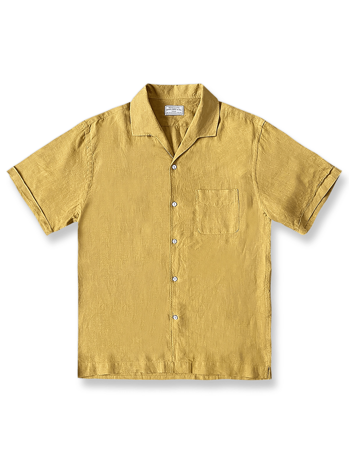 1950年代イタリアンカラーのジャガードイエローピュアリネンシャツの正面全体図、カラーとシェルボタンを展示