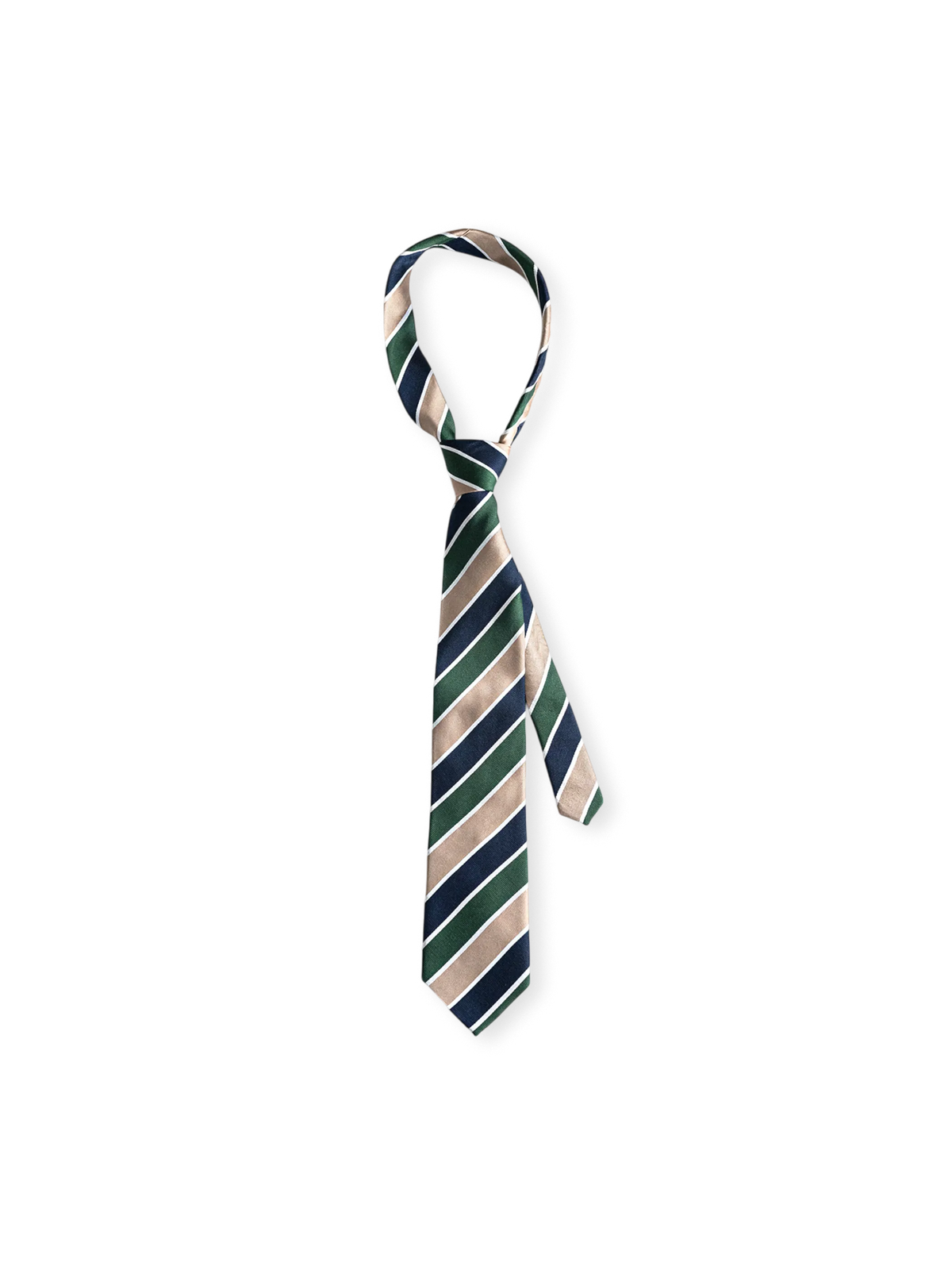 1950年代アメリカ紳士服着想のストライプシルク手裁断ネクタイ。金糸手縫いステッチと反転防止芯地付き。