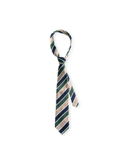 1950年代アメリカ紳士服着想のストライプシルク手裁断ネクタイ。金糸手縫いステッチと反転防止芯地付き。