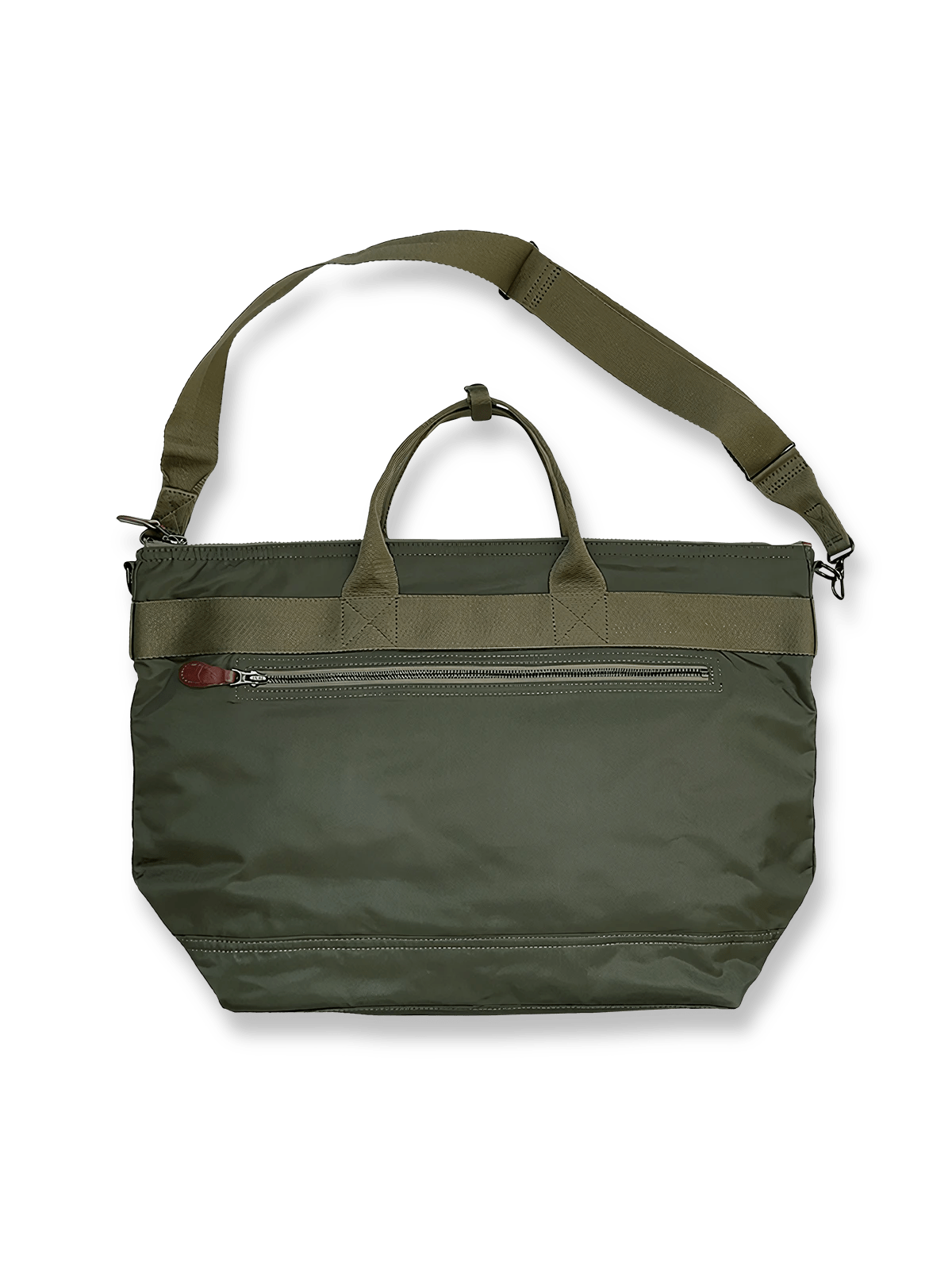 製品画像: 1970年代風 陸軍 軽量ナイロンヘルメットバッグの正面全体画像。クラシックなアーミーグリーンのカラーで、通勤やアウトドア活動に最適なデザイン。

詳細画像: バッグの前にある2つの収納ポケットのディテール画像。小物の整理に便利な実用的なデザイン。