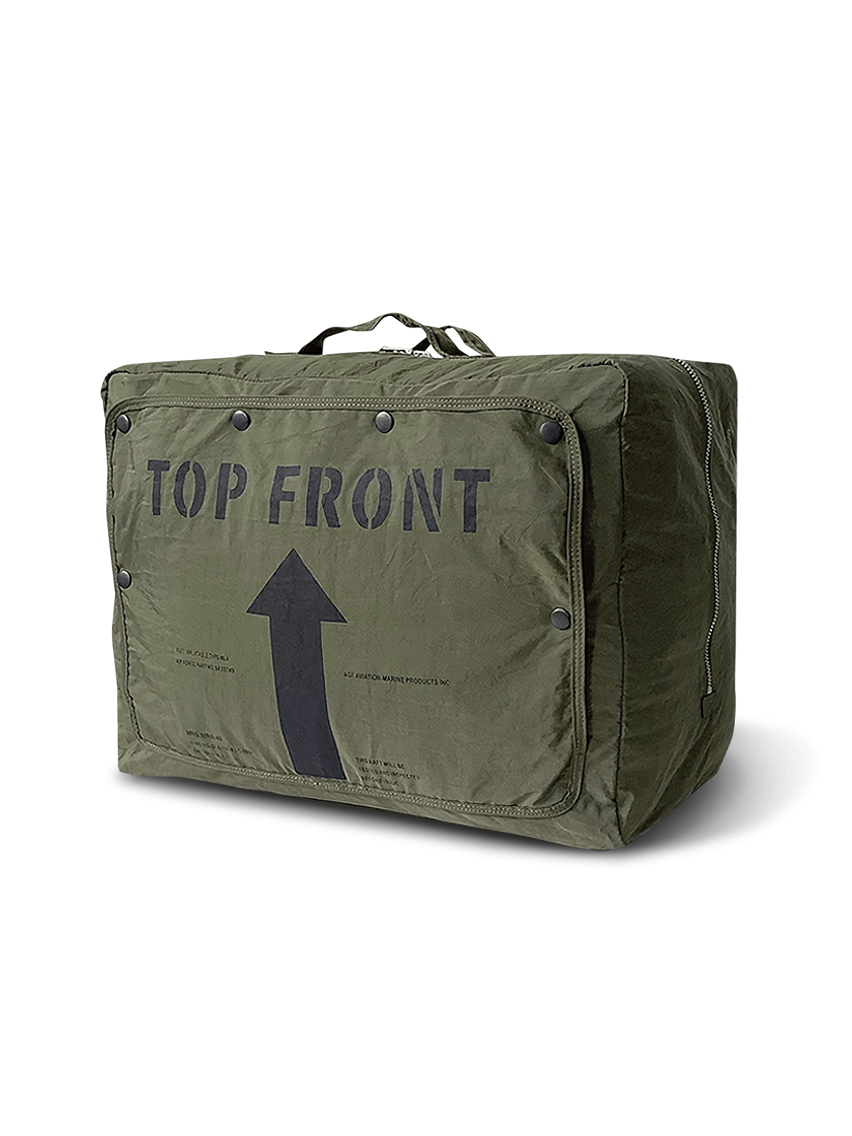 1970年代陸軍航空隊パイロット風デザインのナイロントートバッグ。防水ナイロン素材、フロントジッパー、サイドポケット、内仕切りと底部クッション付き。