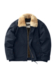 製品画像: N1 デッキジャケット メンズ 裏起毛 ラビットファー襟 ミリタリーデザイン 正面ビュー
詳細画像: TALONジッパーとラビットファー襟のディテール、混紡フリース内側の特写