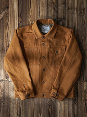 21oz帆布クルーザージャケットの全体展示、厚手の帆布素材とクラシックなワークウェアデザインを表現 詳細画像: ジャケットのディテールショット、帆布の質感と裏地のディテールを展示