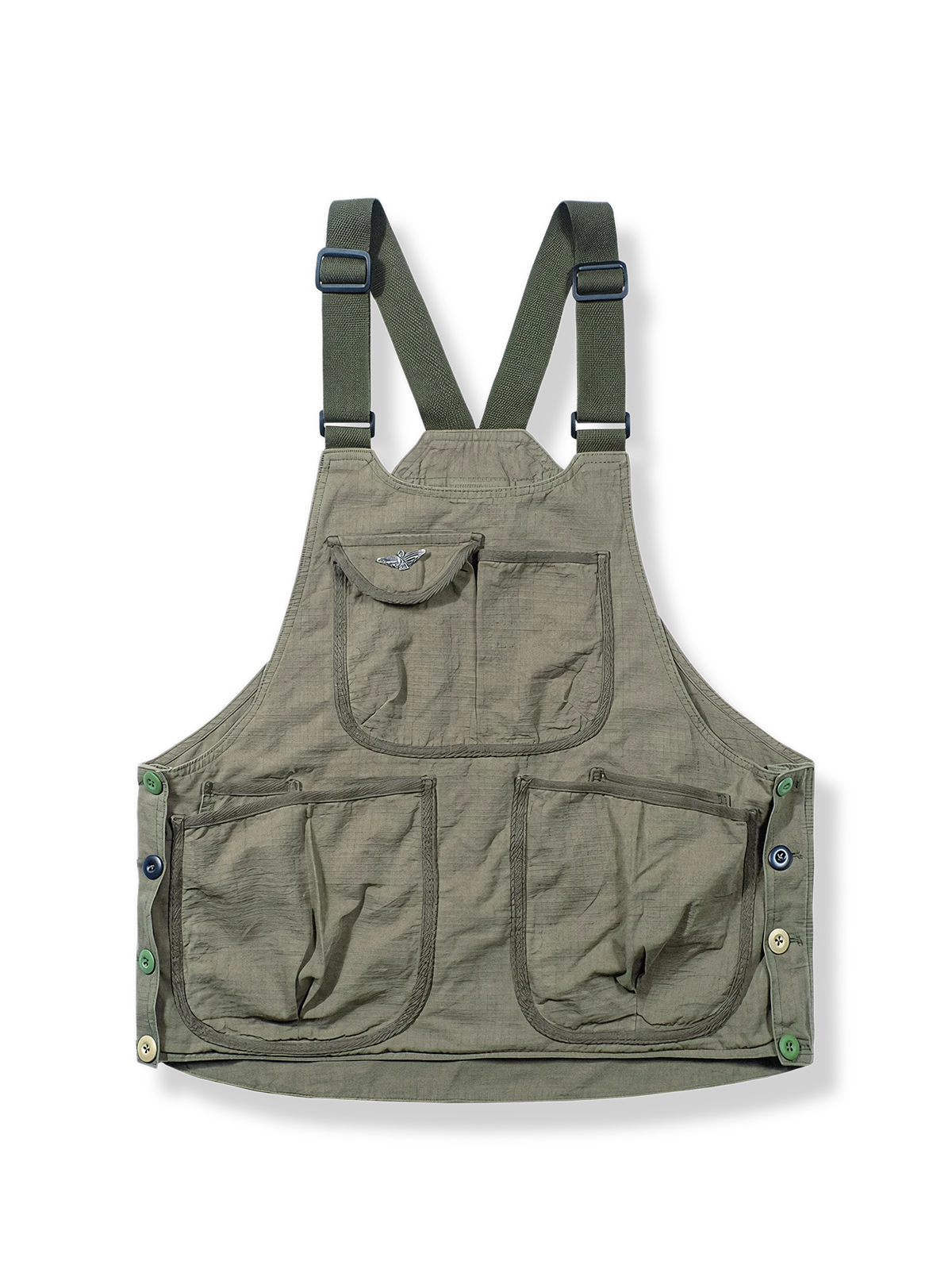 16個の輸入樹脂ボタンが特徴の多機能2wayエプロン・ベスト