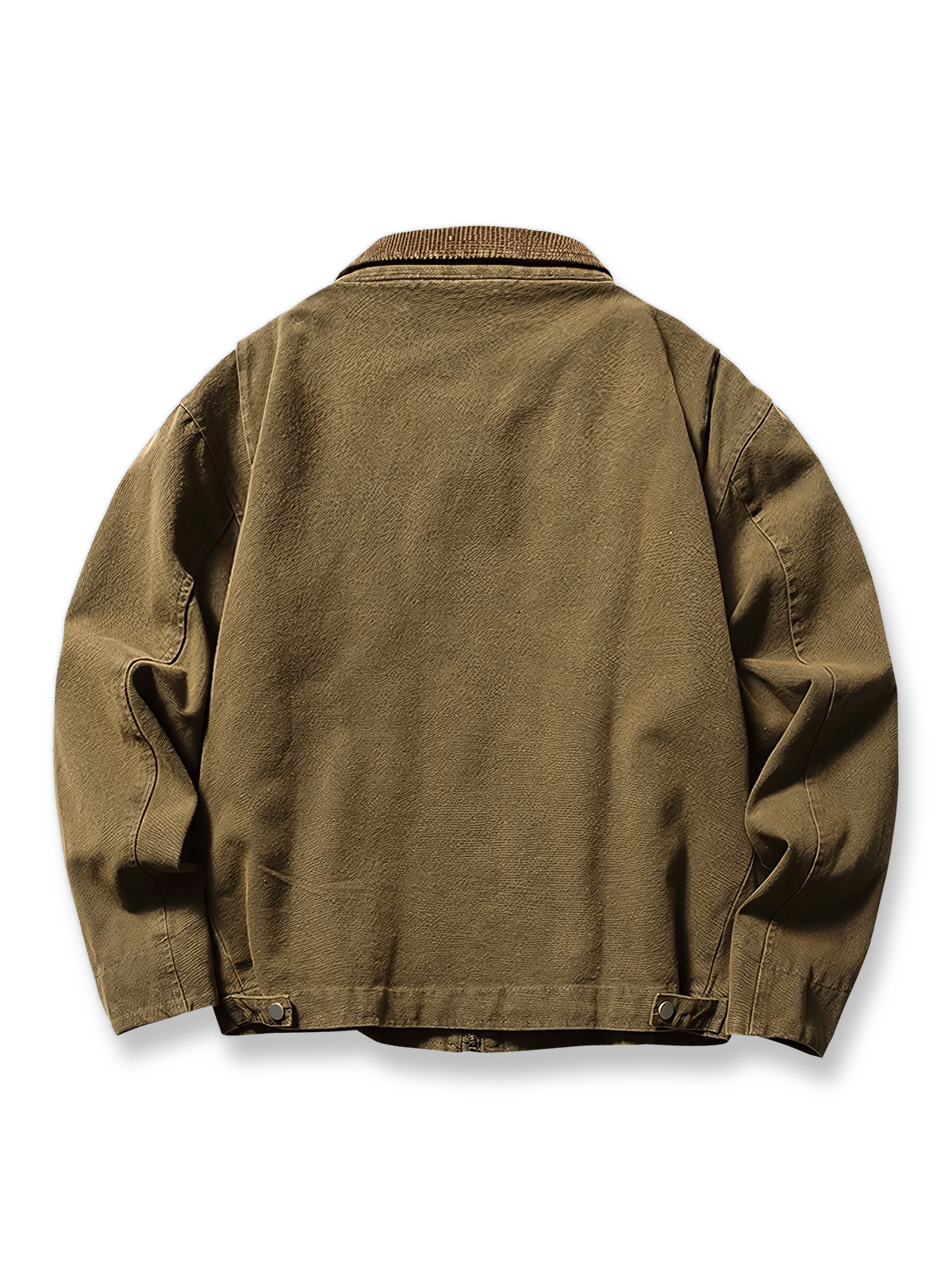 製品画像: 3色展開ハンティングカジュアルジャケットの正面図
詳細画像: コーデュロイ襟とジッパーポケットのディテール