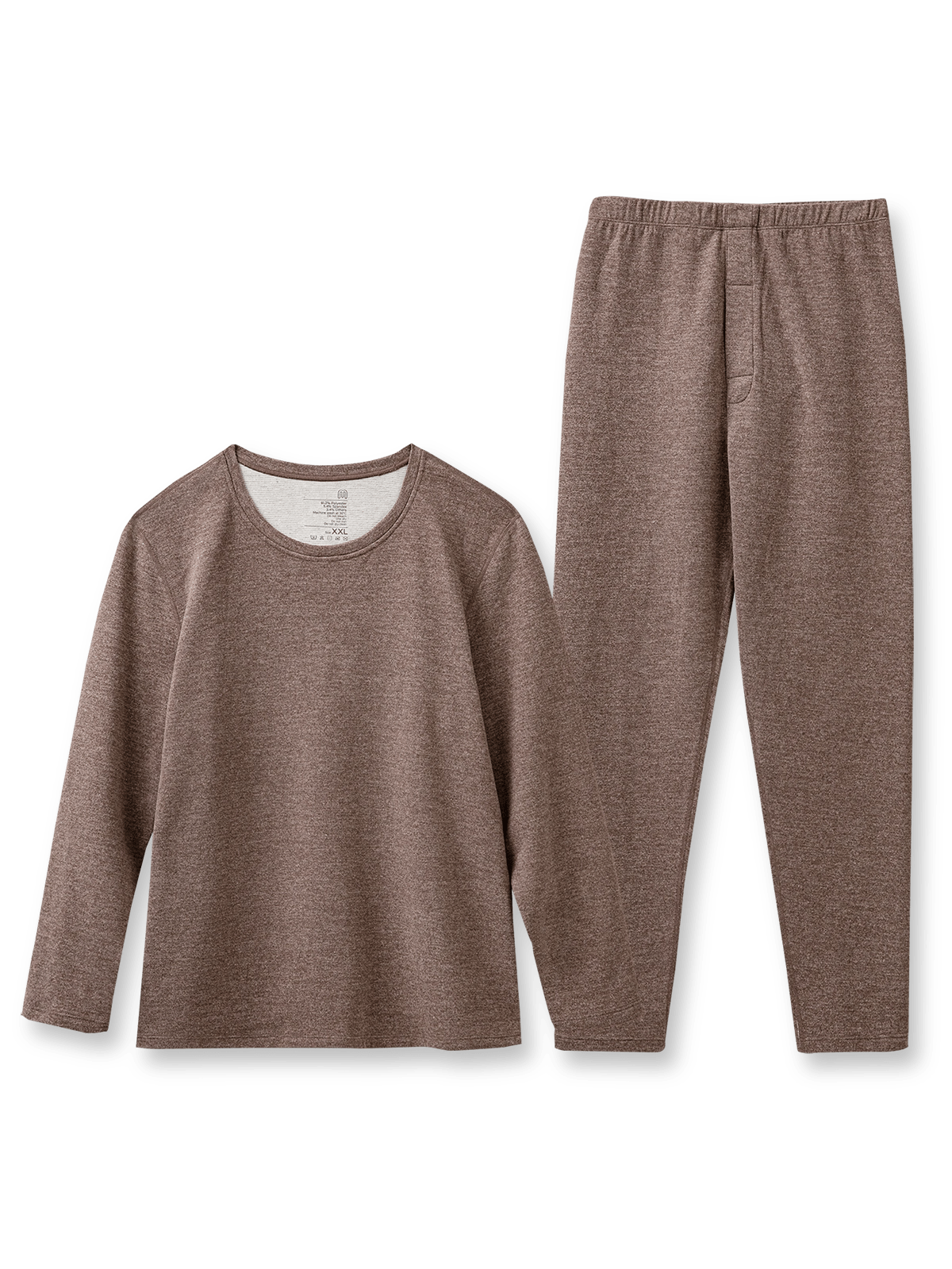 製品画像：3.0保温インナーセットの正面展示。冬用の高機能保温インナー、ツートン杢糸デザイン。
詳細画像：パイピングネックと袖口の防風デザイン、両面起毛加工による柔らかな生地ディテール。