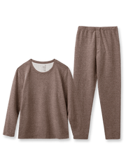 製品画像：3.0保温インナーセットの正面展示。冬用の高機能保温インナー、ツートン杢糸デザイン。
詳細画像：パイピングネックと袖口の防風デザイン、両面起毛加工による柔らかな生地ディテール。