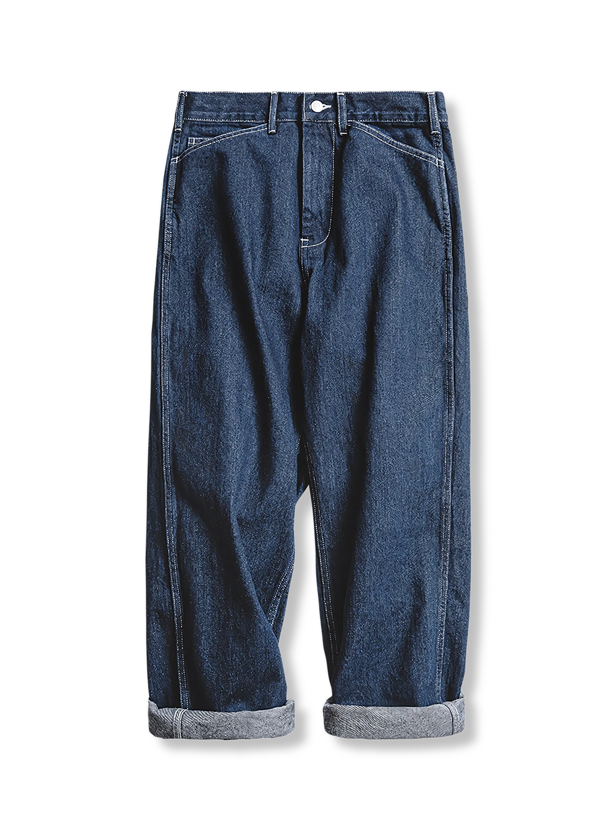 1930年代復刻デニムレイバーパンツの全体とリベットディテールを写した写真