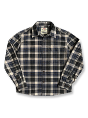 ヴィンテージ調の100%コットン長袖チェックシャツ。アメカジ＆ウェスタンデザイン、ドロップショルダー仕様。