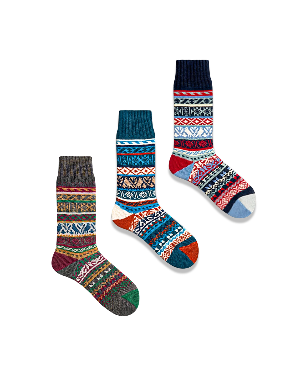 鮮やかなエスニック柄と対照色つま先、厚手コットン素材の快適フィットソックス3足セット